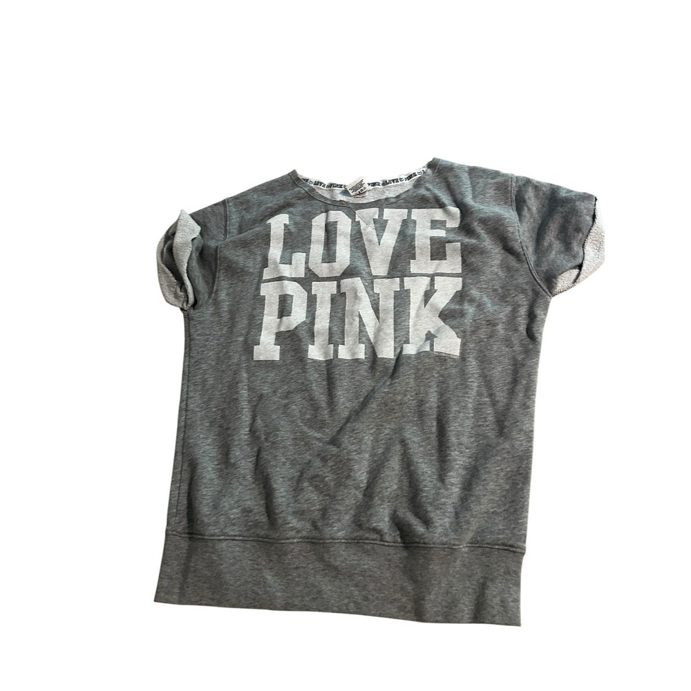 PINK by‎ Victoria's Secret Love Pink Gray Graphic Sweatshirt Short Sleeve SZ S